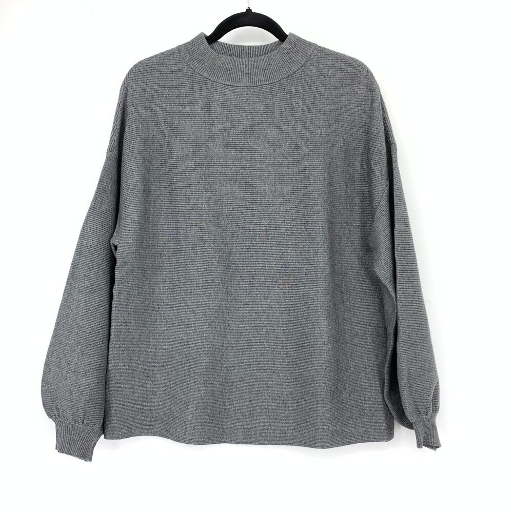 Modcloth Mock Neck Balloon Sleeve Sweater Womens Size Medium Gray Rib Knit